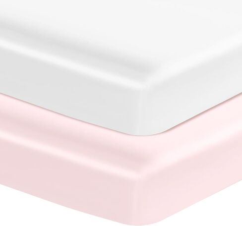 Entisn Satin Crib Sheets 2 Pack ، 28 × 52 × 8 بوصة ملاءات مرتبة ناعمة مزودة بالفتيات ، وبيضاء الحضانة باللون الأبيض والطفل ، حماية للجلد والشعر in Kuwait