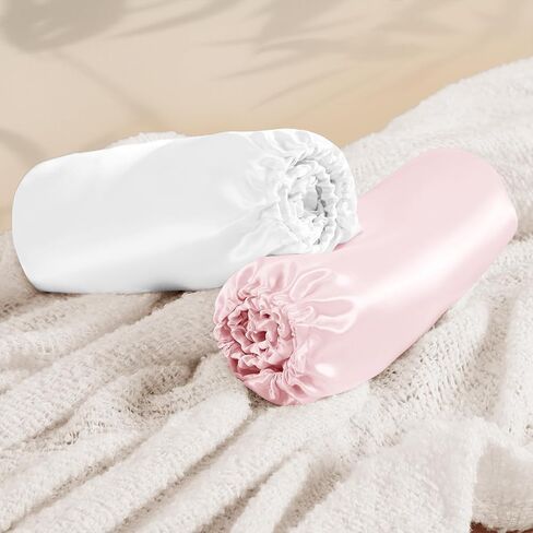 Entisn Satin Crib Sheets 2 Pack ، 28 × 52 × 8 بوصة ملاءات مرتبة ناعمة مزودة بالفتيات ، وبيضاء الحضانة باللون الأبيض والطفل ، حماية للجلد والشعر in Kuwait