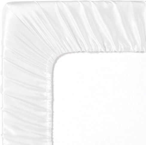 Entisn Satin Crib Sheets 2 Pack ، 28 × 52 × 8 بوصة ملاءات مرتبة ناعمة مزودة بالفتيات ، وبيضاء الحضانة باللون الأبيض والطفل ، حماية للجلد والشعر in Kuwait