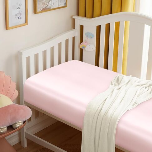 Entisn Satin Crib Sheets 2 Pack ، 28 × 52 × 8 بوصة ملاءات مرتبة ناعمة مزودة بالفتيات ، وبيضاء الحضانة باللون الأبيض والطفل ، حماية للجلد والشعر in Kuwait