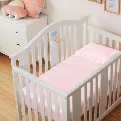 Entisn Satin Crib Sheets 2 Pack ، 28 × 52 × 8 بوصة ملاءات مرتبة ناعمة مزودة بالفتيات ، وبيضاء الحضانة باللون الأبيض والطفل ، حماية للجلد والشعر in Kuwait