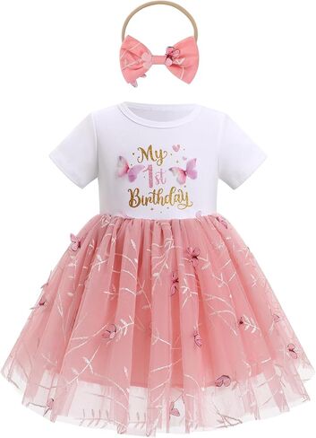 ODASDO Baby Girls First Birthday Outfit Cotton Short Sleeve Tulle Tutu Princess Dress with Bowknot Headband Set in Saudi Arabia