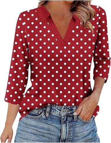 Womens Tops 3/4 Length Sleeve V Neck Polka Dots Lapel Loose Fit Casual Work Dressy Tunic Fall Classic Blouses in Saudi Arabia