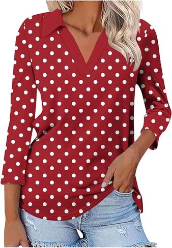 Womens Tops 3/4 Length Sleeve V Neck Polka Dots Lapel Loose Fit Casual Work Dressy Tunic Fall Classic Blouses in Saudi Arabia