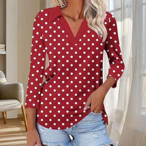 Womens Tops 3/4 Length Sleeve V Neck Polka Dots Lapel Loose Fit Casual Work Dressy Tunic Fall Classic Blouses in Saudi Arabia