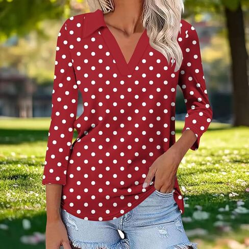 Womens Tops 3/4 Length Sleeve V Neck Polka Dots Lapel Loose Fit Casual Work Dressy Tunic Fall Classic Blouses in Saudi Arabia