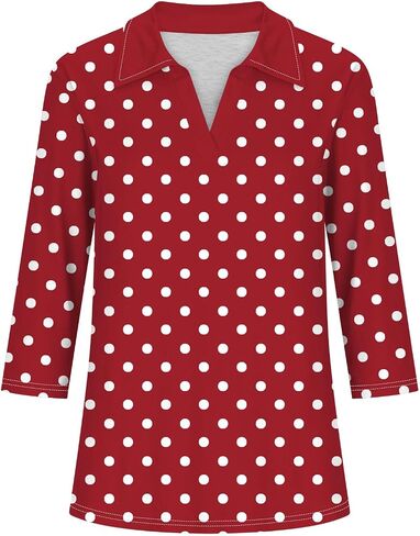 Womens Tops 3/4 Length Sleeve V Neck Polka Dots Lapel Loose Fit Casual Work Dressy Tunic Fall Classic Blouses in Saudi Arabia