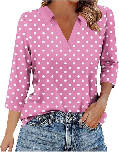 Womens Tops 3/4 Length Sleeve V Neck Polka Dots Lapel Loose Fit Casual Work Dressy Tunic Fall Classic Blouses in Saudi Arabia