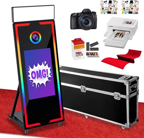 Magic Mirror Photo Booth 65 "مع الكاميرا والطابعة ، 43" شاشة تعمل باللمس صورة كشك صور شخصية مع طيران طيران خاتم عن بعد لحفل حفل زفاف تأجير الأحداث (65-43in أسود) in Kuwait