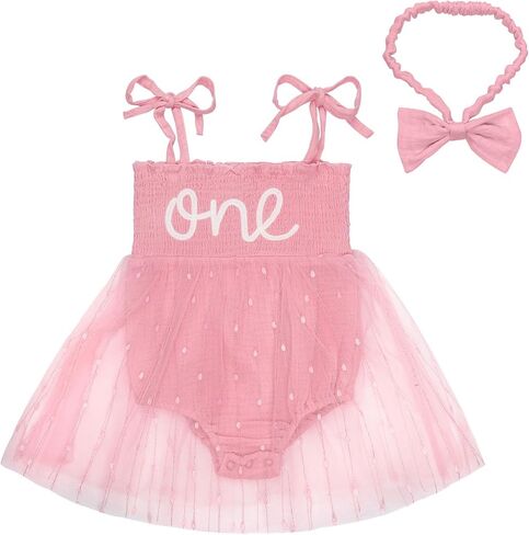 GUISBY Baby Girl 1st Birthday Romper Sleeveless Tulle Bodysuit with Headband Cake Smash Outfit for 9-18 Months in Saudi Arabia