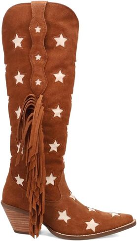 Dingo Womens Super Star Fringe Tooled Inlay Snip Toe Casual Boots Over the Knee Mid Heel 2-3" - Blue in Saudi Arabia