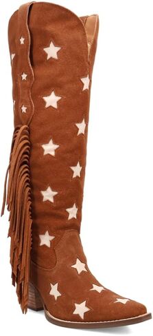 Dingo Womens Super Star Fringe Tooled Inlay Snip Toe Casual Boots Over the Knee Mid Heel 2-3" - Blue in Saudi Arabia