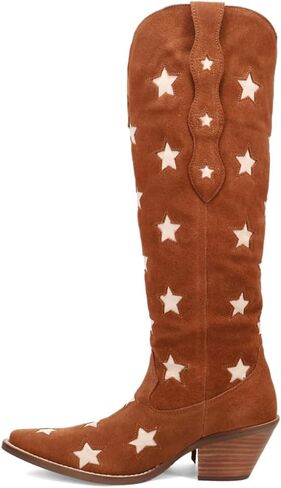 Dingo Womens Super Star Fringe Tooled Inlay Snip Toe Casual Boots Over the Knee Mid Heel 2-3" - Blue in Saudi Arabia