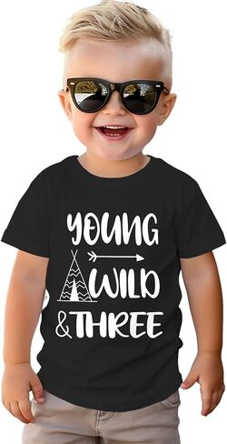 Young Wild and Three Birthday Boy Shirt 3rd Birthday Outfit 3 Year Old Boys T-Shirt Third B-Day Party Tees Tops in Saudi Arabia