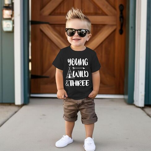 Young Wild and Three Birthday Boy Shirt 3rd Birthday Outfit 3 Year Old Boys T-Shirt Third B-Day Party Tees Tops in Saudi Arabia