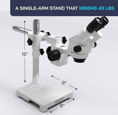 OMANO OM2300S -GX4-7.5X -45X - مجهر مجهر - تكبير المجهر - حامل الذراع أحادي الذراع الصناعي - عدسة بارلو 0.5x - ضوء 8W حلقة in Kuwait