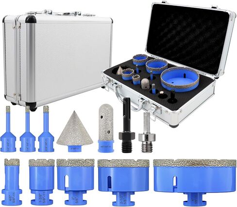 Diamond Tile Hole Saw Kit - 12Pcs 1/4'' X 2, 5/16'', 4/5'', 1-3/8'', 2'', 2-1/2'', 4'' Drill Bits, 4/5'' Finger Bit, 2'' Beveling Chamfer Bit, 2pcs Adapters for Porcelain Tile Ceramic Granite Marble in Kuwait