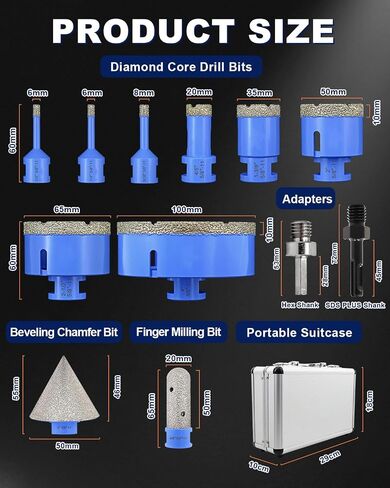 Diamond Tile Hole Saw Kit - 12Pcs 1/4'' X 2, 5/16'', 4/5'', 1-3/8'', 2'', 2-1/2'', 4'' Drill Bits, 4/5'' Finger Bit, 2'' Beveling Chamfer Bit, 2pcs Adapters for Porcelain Tile Ceramic Granite Marble in Kuwait