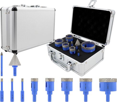 Diamond Tile Hole Saw Kit - 12Pcs 1/4'' X 2, 5/16'', 4/5'', 1-3/8'', 2'', 2-1/2'', 4'' Drill Bits, 4/5'' Finger Bit, 2'' Beveling Chamfer Bit, 2pcs Adapters for Porcelain Tile Ceramic Granite Marble in Kuwait
