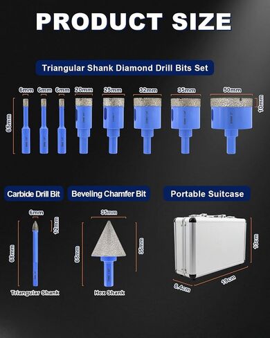 Diamond Tile Hole Saw Kit - 12Pcs 1/4'' X 2, 5/16'', 4/5'', 1-3/8'', 2'', 2-1/2'', 4'' Drill Bits, 4/5'' Finger Bit, 2'' Beveling Chamfer Bit, 2pcs Adapters for Porcelain Tile Ceramic Granite Marble in Kuwait