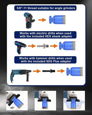 Diamond Tile Hole Saw Kit - 12Pcs 1/4'' X 2, 5/16'', 4/5'', 1-3/8'', 2'', 2-1/2'', 4'' Drill Bits, 4/5'' Finger Bit, 2'' Beveling Chamfer Bit, 2pcs Adapters for Porcelain Tile Ceramic Granite Marble in Kuwait