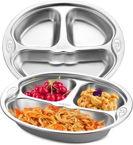 Set of 2 Stainless Steel Divided Plate, 3 Sections Portion Control Dinner Plate, Cut Unbreakable Monkey Shape Compact Food Serving Tray for Kids, Picky Eaters, Campers (2) in Saudi Arabia