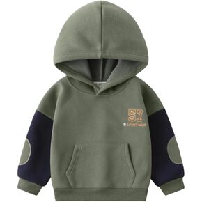 Meufam Spring Autumn Boys' Fleece-Lined Hoodies Patchwork Embroidered Thickened Warm Pullover Sweatshirt for Kids