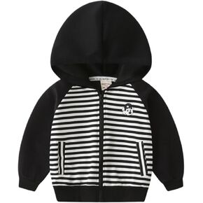 Meufam Kids' Hooded Sweatshirt, Spring Autumn Boys' Embroidered Cartoon Long Sleeve Zip-Up Striped Jacket Casual Hoodie