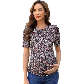 Maternity Casual Shirts Women's Puff Short Sleeve Tops Pregnancy Striped Ruched Side Tunic Top