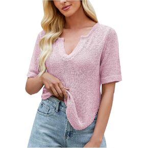 Women Lightweight V Neck Shirts Trendy Summer Short Sleeve Tops Solid Breathable Blouses Loose Beach Tunic Tee