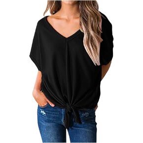 V Neck Summer Tops Women Casual Plain Tee Shirts Lace-up Hem Loose Tunics Short Sleeve Cozy Blouses