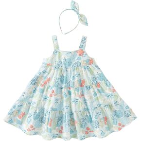 DAVE&BELLA Toddler Girls Summer Dress Boho Floral Sleeveless Princess Sun Dress Ruffle Hem Cotton Playwear with Hairband