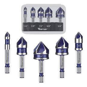Countersink Drill Bit Set 1/4'' to 3/4'', 5PCS HSS 5-Flute Chamfer Bits with 1/4" Hex Shank Quick Change & Clear Storage Case, Woodworking Tools for Metal, Wood, Plastic