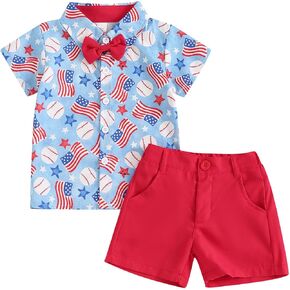Toddler Baby Boy 4th of July Outfits Gentleman Short Sleeve Button Down Shirt Tops Shorts Set