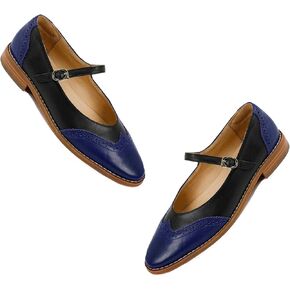نساء Shodense Mary Jane Flats مستديرة إصبع القدم حزام مسطح أحذية مسطحة لهجة نغمة الجناح Oxfords ماري جين مثقب