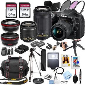 Nikon D7500 DSLR Camera Kit with 18-55mm VR & 70-300mm Lenses + 128GB Memory, LED Light, Microphone, Spare Battery, Filters, Case, Tripod, and More (47pc Video Bundle) (Renewed)