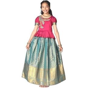 Toddler Girls | Lehenga Choli Set Pattu Pavadai South Indian Style Dress Traditional Zari Border Embroidered Jacquard Weave