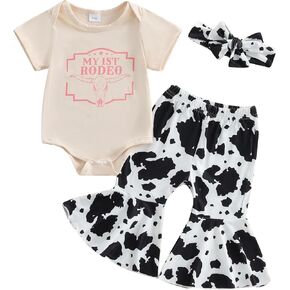 MAINESAKA Baby Girl Weastern Bell Bottom Outfit Cute Summer Cowgirl Clothes Cow Print Romper Flare Pants 3 Piece Boho Set