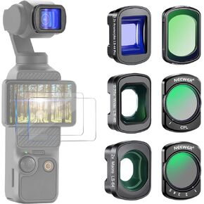 NEEWER 3 Pack ND Filter Set (Variable ND2-32, CPL, 1/4 Black Diffusion) & 0.75X Wide Angle Lens, 2X Macro Lens, 1.2X Blue Anamorphic Lens, Screen Protectors Compatible with DJI Osmo Pocket 3, FL-B28