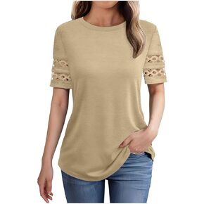 Womens Summer Tops Trendy Round Neck T Shirts Loose Fit Casual Eyelet Short Sleeve Tshirts Shirts Fashion Blouse