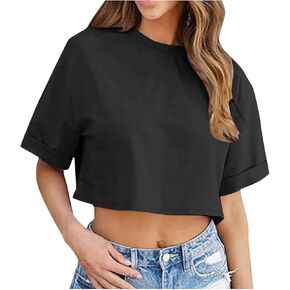 Womens Summer Crop Top Casual Short Sleeve T Shirts Round Neck Going Out Tops Fashion Trendy Tee Classic Blouse