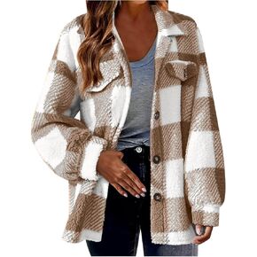 Fall Jackets for Women 2024 Flannel Button Down Jacket Plaid Shacket Color Block Jacket Winter Fleece Jacket Coat