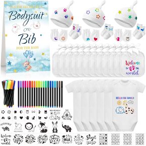 78PCS Baby Bib Bodysuit Baby Shower Set Baby Shower Game Sign Baby Feede Bib Newborn Bodysuit Fabric Marker
