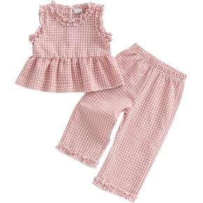YINGISFITM Toddler Baby Girl Clothes Sleeveless Plaid Ruffle Tanks Tops and Long Pants Summer Cute Outfit