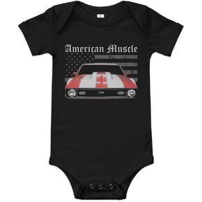American Muscle Car USA First Gen Red Chevy Camaro Classic Cars Drivers Owners Onesie Baby Short Sleeve one Piece