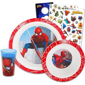 أدوات العشاء Spiderman مجموعة للأطفال ، الأطفال الصغار - حزمة ملحقات المطبخ 3 مع لوحة عشاء Spiderman ، كوب ، ملصقات ، المزيد | مجموعة أدوات سبايدرمان