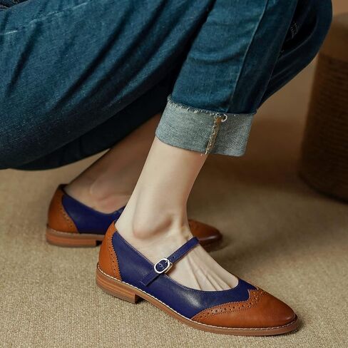 SHODENSE Women Mary Jane Flats Round Toe Ankle Strap Flat Shoes Two Tone Wingtip Oxfords Mary Jane Perforated Retro 1 Flat Heel Dress Shoes Almond Toe Patchwork Comfy Driver Flats 4-11 M US in Saudi Arabia