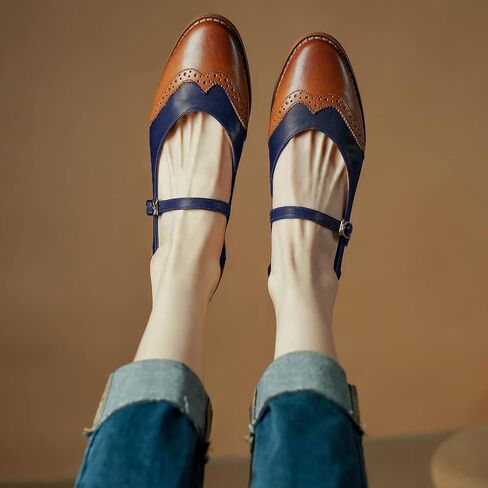 SHODENSE Women Mary Jane Flats Round Toe Ankle Strap Flat Shoes Two Tone Wingtip Oxfords Mary Jane Perforated Retro 1 Flat Heel Dress Shoes Almond Toe Patchwork Comfy Driver Flats 4-11 M US in Saudi Arabia