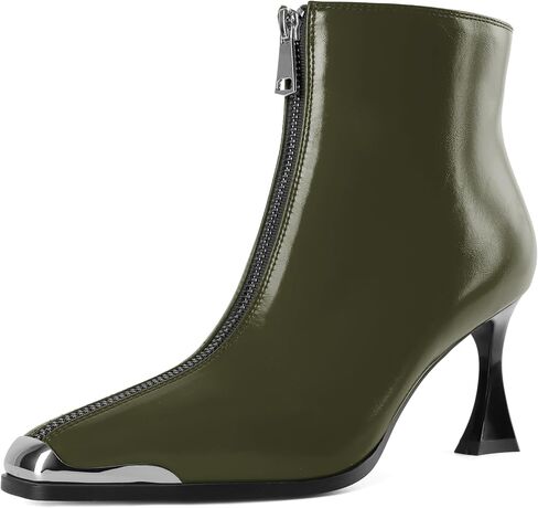 Eldof Women's Onkle Boots Front Zipper Swing Heels Square Toe Booties Mid Heel Leather Leather Boot Sexy argy Party Shoes 3 Inches in Kuwait