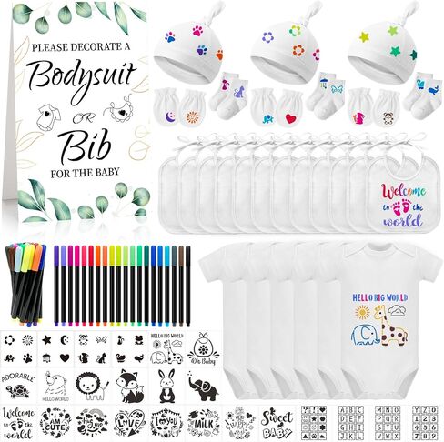 78PCS Baby Bib Bodysuit Baby Shower Set Baby Shower Game Sign Baby Feede Bib Newborn Bodysuit Fabric Marker in Saudi Arabia